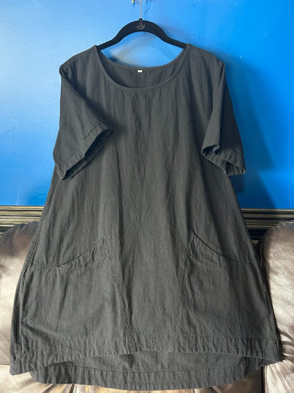 Minibee black linen short sleeve top tunic pockets a-line Large